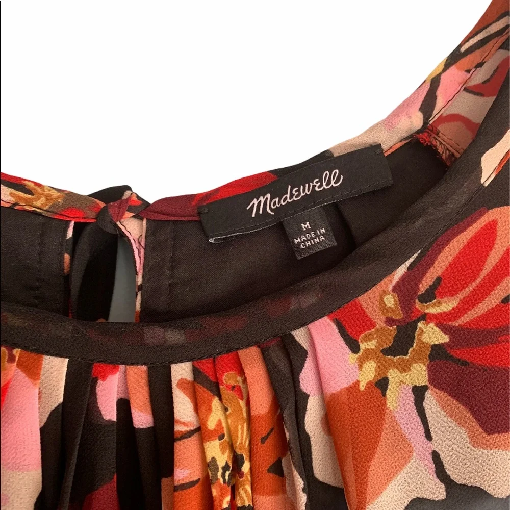Madewell Tie Back Bubble Sleeve Floral Top Size Medium Red Black and White
